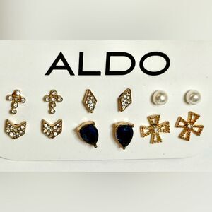 Aldo Gold Color, Pearl, Cross and Blue Earring Set, 6 pairs